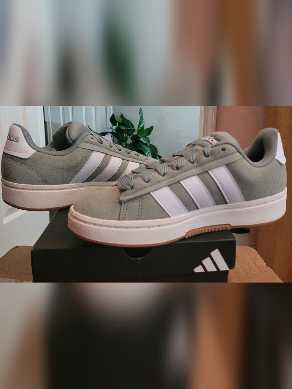 Adidas Grand Court Alpha  Sage Green Suede Sneakers with White Stripes